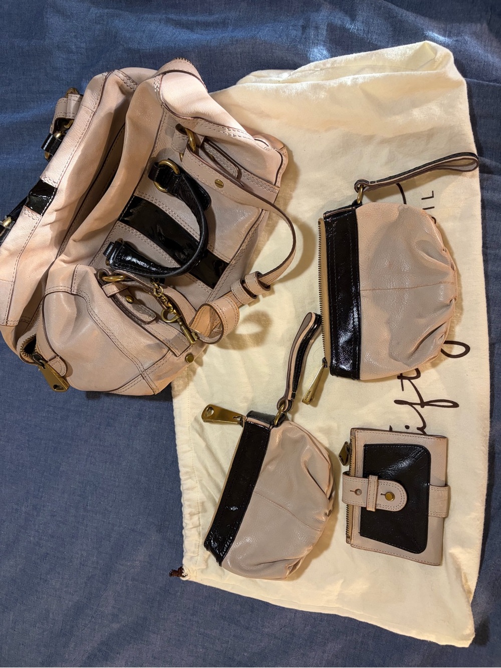 Fossil Beige and Black Leather-Look Satchel Set with Matching Wallet and Pouches